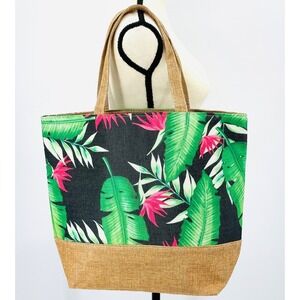 Black & Green Tropical Palm Frond Leaf Shoulder Tote Bag w/ Linen Bottom NWT